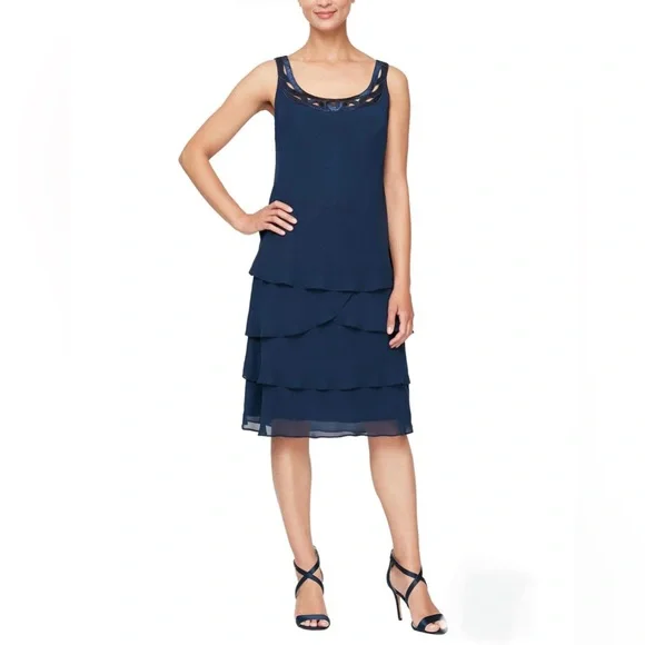 S.L. Fashions | Dresses | S L Fashions Nwt Size 6 Blue Sleeveless Chiffon  Tiered Sequin Dress | Poshmark